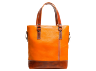 Stylish orange leather tote bag with brown accents, On Transparent Background, Png
