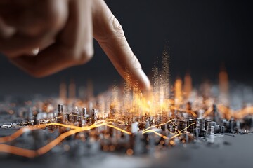 Finger interacting with glowing digital city data visualization isolated on white background