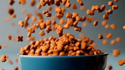 Falling Pet Food Kibble in Blue Bowl, Dog Cat Food