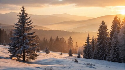 Winter landscape: frosty forest trees under a stunning mountain sunrise or sunset sky
