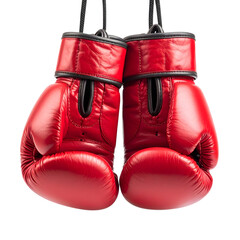 Red Boxing Gloves Hanging on Strings in a Bright Background
