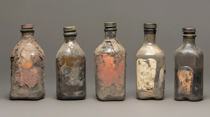 Five Dusty Old Antique Glass Bottles with Damaged Labels