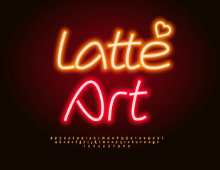 Obraz premium Vector Glowing Advertisement Latte Art with Decorative Heart. Beautiful Neon Font. Stylish Alphabet Letters and Numbers set