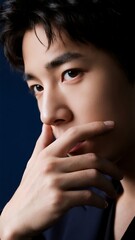 Obraz premium 青背景で口元に手を添える男性の横顔