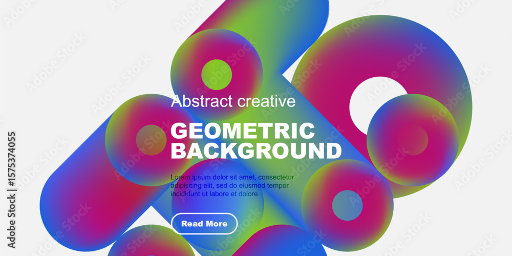 Poster vibrant geometric shapes overlap, creating colorful abstract background. text promotes further explo