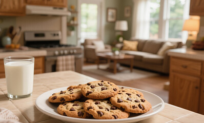 Freshly Baked Chocolate Chip Cookies on a Plate with Milk Glass, Cozy Kitchen Setting and Living Room in Background