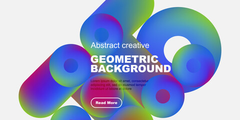 Naklejka premium Colorful abstract shapes form dynamic background. Text promotes geometric design, includes call to action button. Modern, vibrant composition.