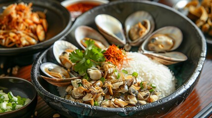 A trio of flavorful sauces served alongside steamed rice and delightful Asian seafood