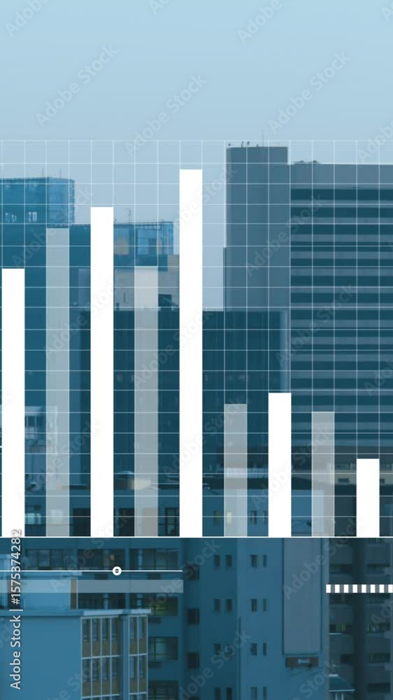 Poster animation of statistical data processing against aerial view of cityscape