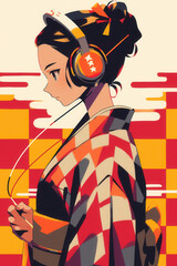 ヘッドホンで音楽を聴く着物を着た女性のイラスト
