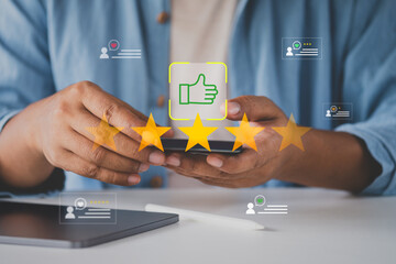 Online customer satisfaction survey concept. Consumer giving five star rating and positive feedback...