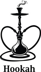Hookah Line Art Poster Featuring Central Base, Elongated Stem, Curling Smoke and Multiple Flexible Hoses in Minimalist Black Silhouette Style