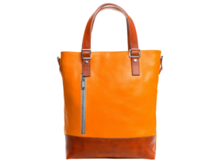Stylish orange and brown leather tote bag for women, On Transparent Background, Png