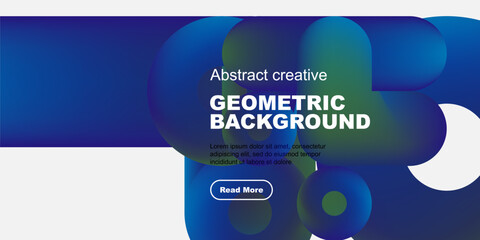 Modern design features vibrant blue shapes, white space, text. Geometric patterns create dynamic visual impact. Simple, clean aesthetic.