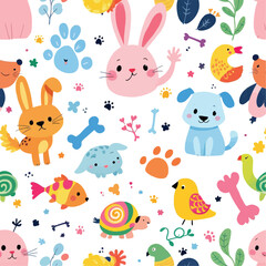 Cute Animal & Nature Character Pattern Featuring Rabbits, Dogs, Birds, Snails, Turtles, and Decorative Objects for Children's Product Design in Playful Line Art Style