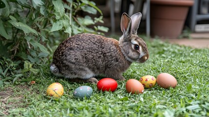 Adorable Easter Bunny with Colorful Eggs in Grass