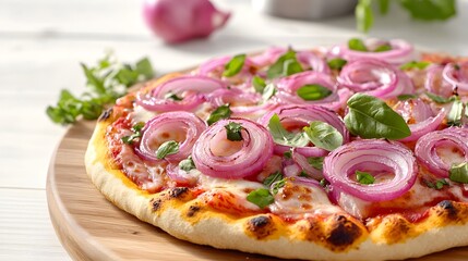 Delicious Red Onion and Basil Pizza on Wooden Board