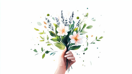 Fototapeta premium hand holding beautiful flowers, artistic watercolor painting with paint splashes