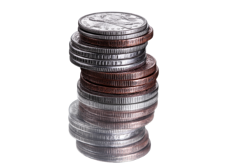 Stack of us coins dimes nickels pennies quarters close up, On Transparent Background, Png