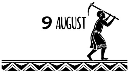 Black and white illustration of a farmer with a scythe on august 9th with tribal border design