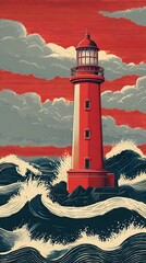 A solitary white lighthouse tower stands as a beacon on the rocky coast, overlooking the vast sea under an expansive sky