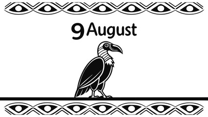 Stylized black and white illustration featuring the date 9 august and a graphic representation of a vulture bird