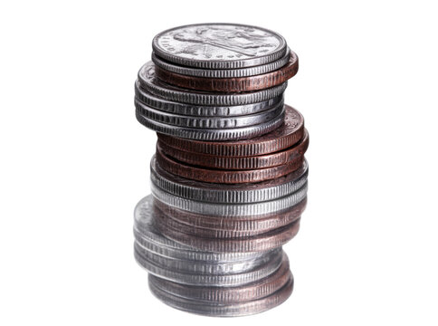 Stack of us coins dimes nickels pennies quarters close up, On Transparent Background, Png
