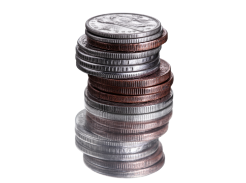 Stack of us coins dimes nickels pennies quarters close up, On Transparent Background, Png