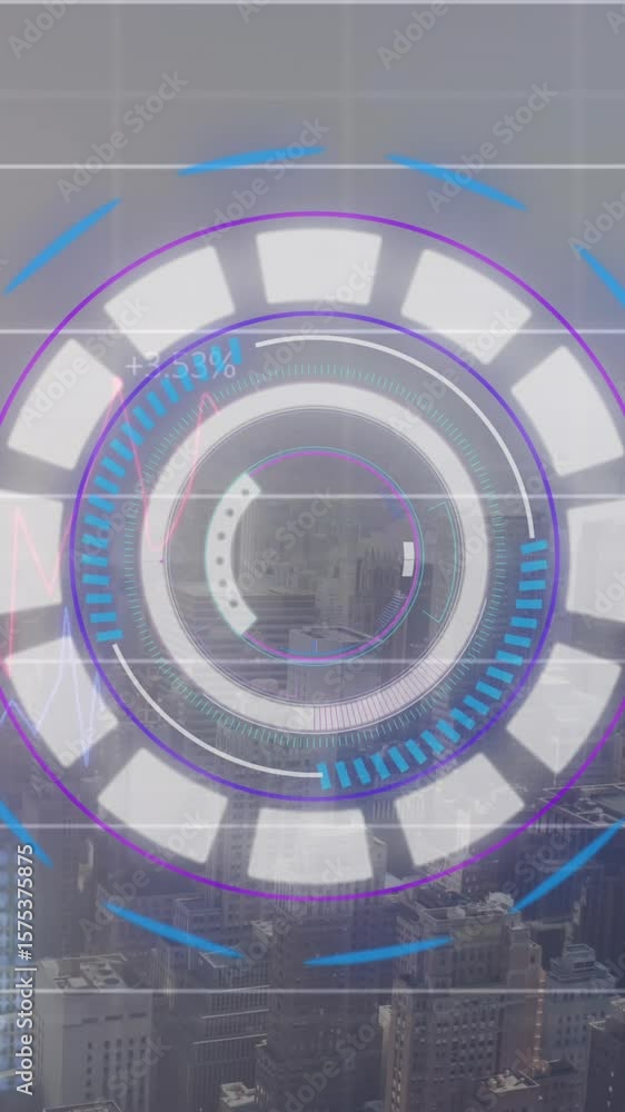 Poster animation of round scanner over statistical data processing against aerial view of cityscape