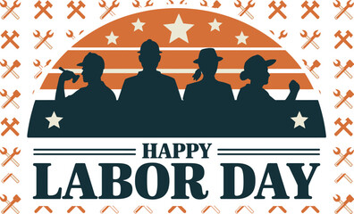 Obraz premium Labor Day Celebration Vector Illustration Featuring Silhouettes of Four Workers in Dynamic Poses Against an Orange Background with White Stars, Stripes, and Tool Patterns Including Wrenches and Hammer