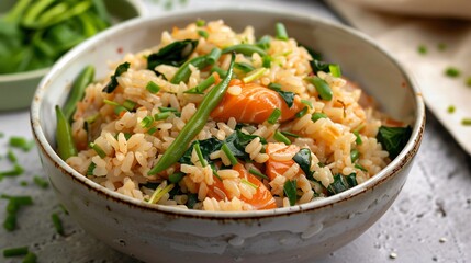 Rice with red fish green beans and spinach