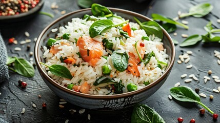 Rice with red fish green beans and spinach