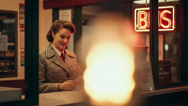 Vintage ticket counter scene featuring a smiling woman in a classic attire with a cash register at a retro cinema
