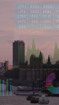 Animation of financial data processing over london cityscape