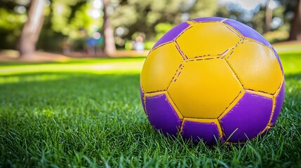 Vibrant Yellow Purple Soccer Ball on Green Grass