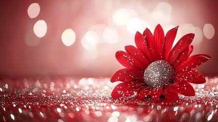 Red Glitter Flower on Sparkling Background  Romantic Floral Image