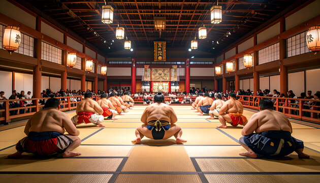 Sumo wrestlers training hall Japan.