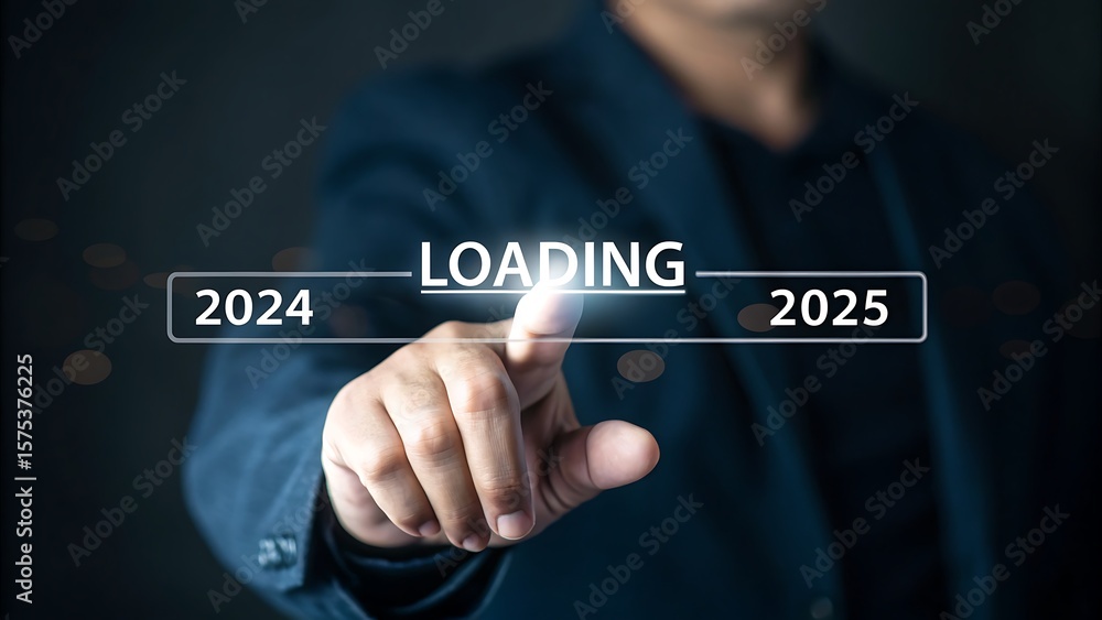 Aufkleber man touches holographic loading bar, transitioning from current year 2024 to projected year 2025 wit