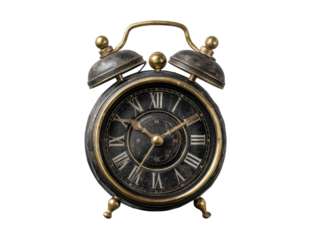 Antique black and gold alarm clock timepiece vintage decor, On Transparent Background, Png