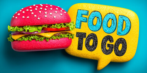 Playful red burger and bright yellow speech bubble saying food to go