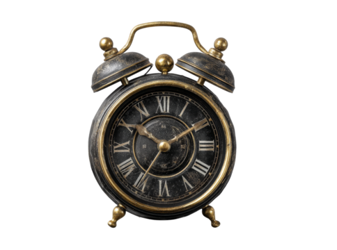 Antique black and gold alarm clock timepiece vintage decor, On Transparent Background, Png