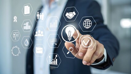 Man touching a digital interface with icons representing teamwork, analytics, growth, and project management solutions for efficient workflow.