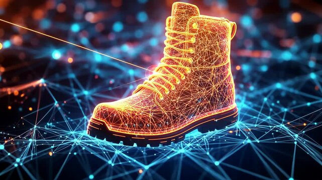 Generative 4k video. Futuristic glowing boot illustration with intricate digital connections and vibrant colors, showcasing advanced technology and innovative design concepts in footwear