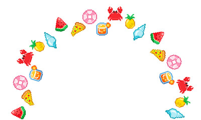 Pixel Art Summer Arch Frame with Crab, Watermelon, Pineapple, Float, Hibiscus, Shell, Pizza and Cocktail for Wallpaper, Digital Design, and Cute Seasonal Decoration