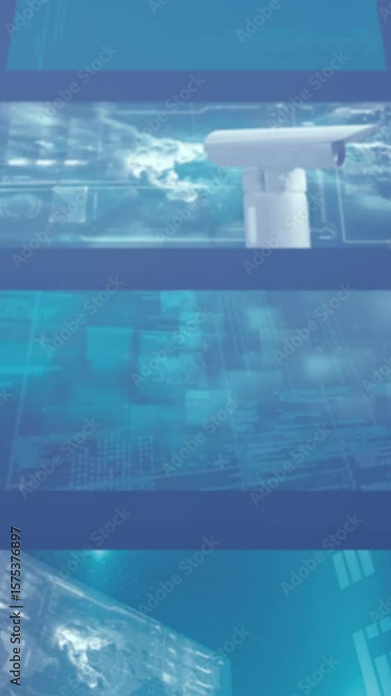 Poster animation of screens with data processing and light spot against blue background