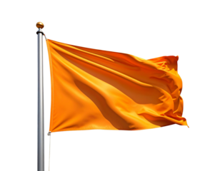 A bright orange three-dimensional flag waves gently on its pole, a simple yet effecti  