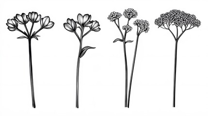 Elegant Black and White Botanical Illustration: Four Detailed Flower Stems