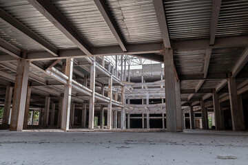 Steel framed Building Construction. Building site where a retail centre is being constructed. The Crescent shopping mall in Hinckley, Leicestershire.