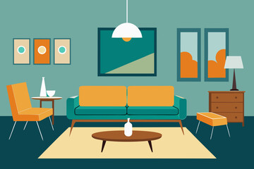 Modern living room with teal couch and orange accent chair and ottoman