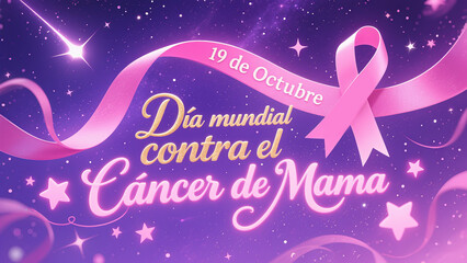 Star Pink Ribbon and Spanish, representing the international promotion of breast cancer prevention day, are used for transnational public welfare and cultural exchange scenes.